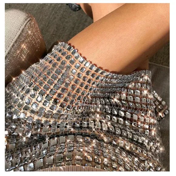 Silver Sequin Mini Skirt High Rise Clubwear Dancewear Stretchy Sizes S M L - Picture 6 of 12
